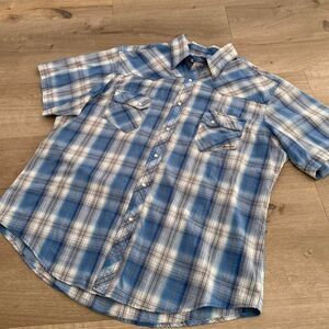 Wrancher by Wrangler Men's XL Blue Brown Pearl Snap Button Shirt Cowboy Western